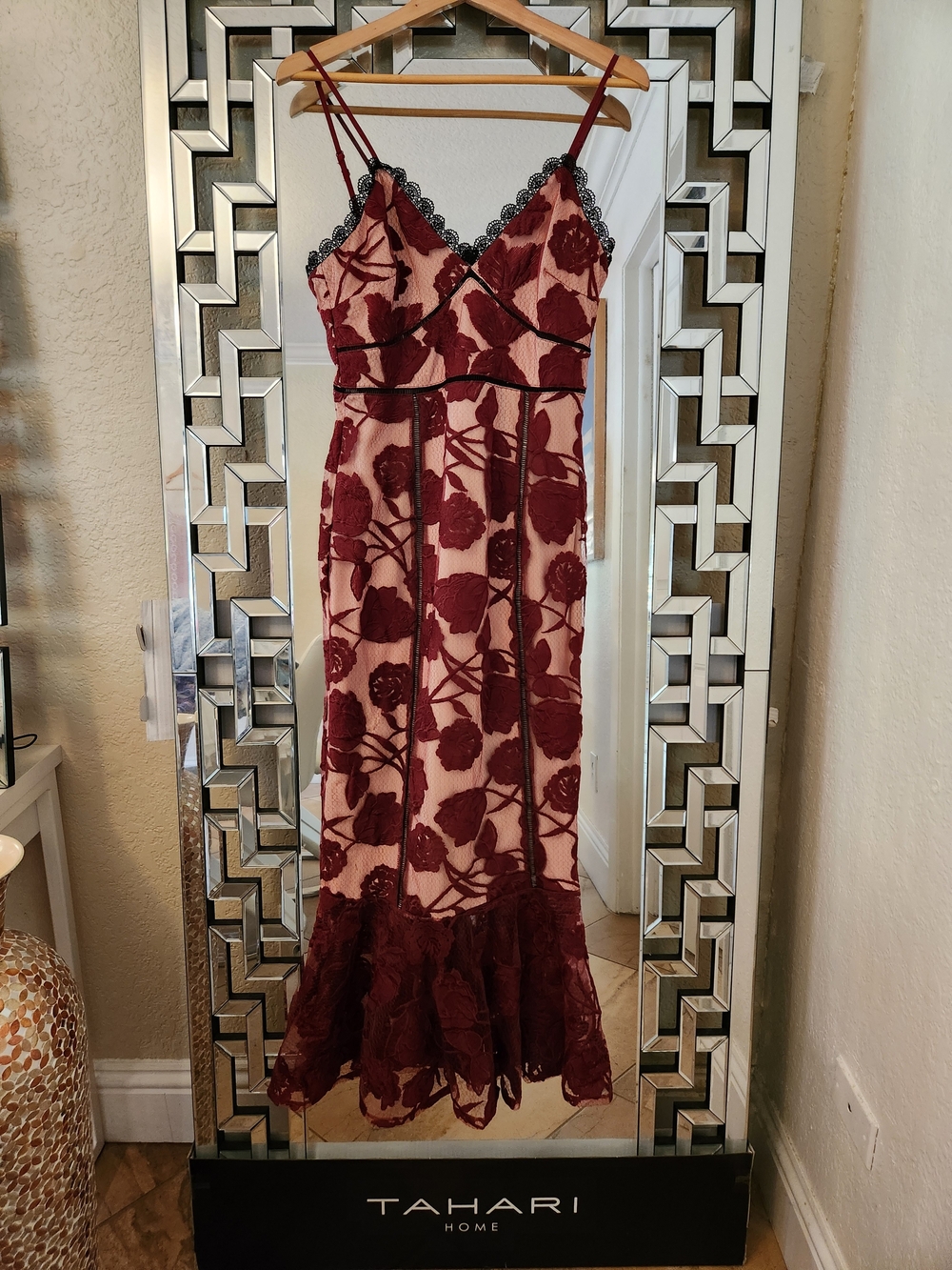 Lulus Wine and Blush Floral Lace Midi Dress